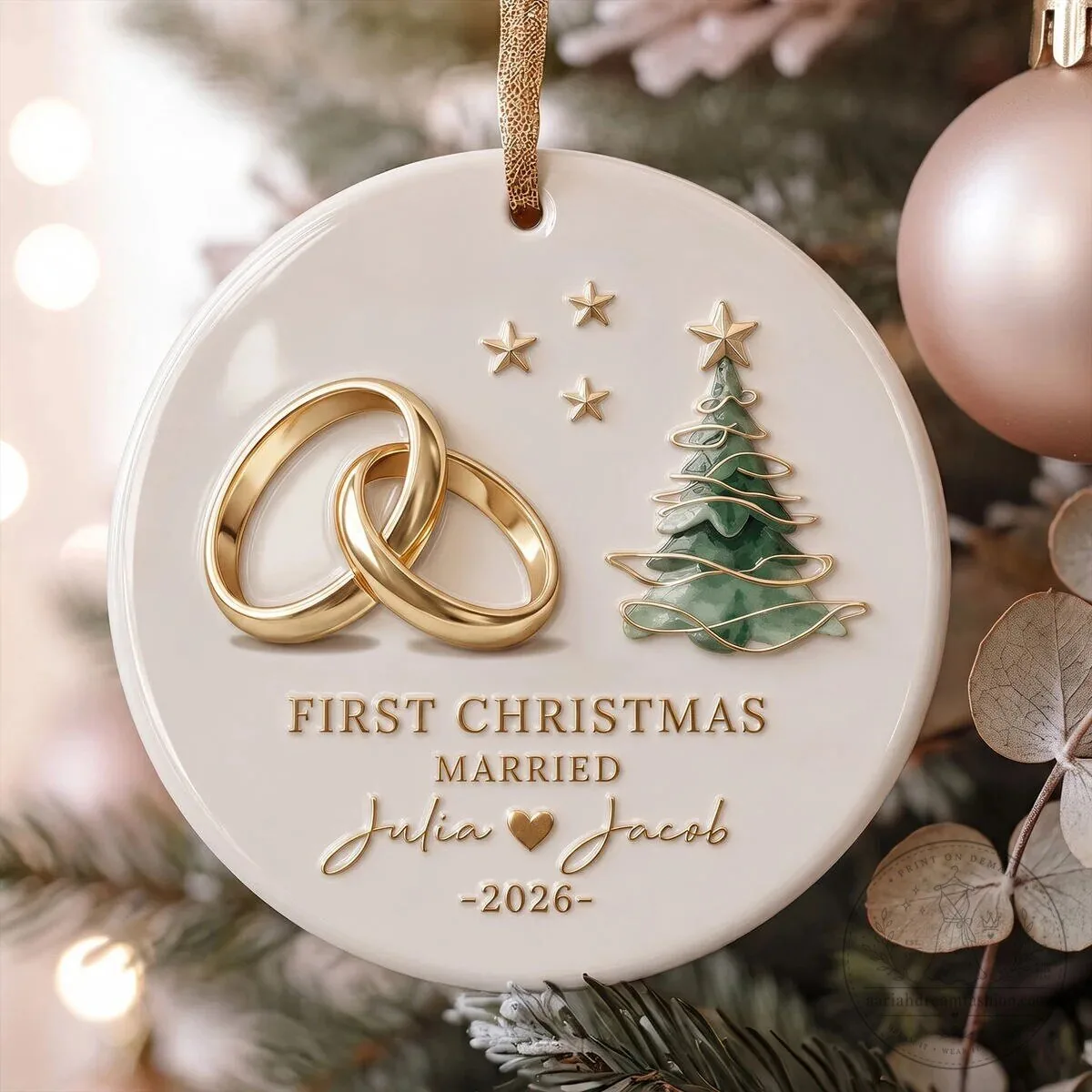 First Christmas Married Julia and Jacob 2026 Wedding Rings Ceramic Ornament