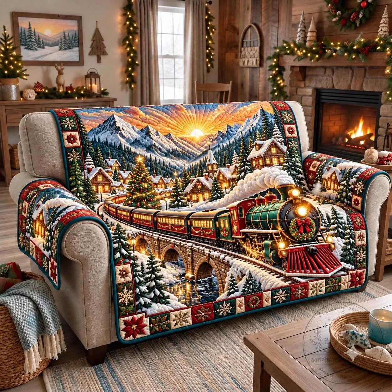 Christmas Train Winter Village Mountain Sunset Quilted Sofa Cover 13 Christmas Train Winter Village Mountain Sunset Quilted Sofa Cover