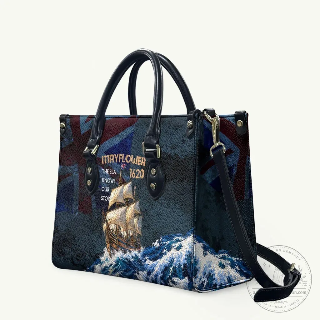 Mayflower 1620 Ship Vintage Nautical Ocean Waves Art Leather Handbag
