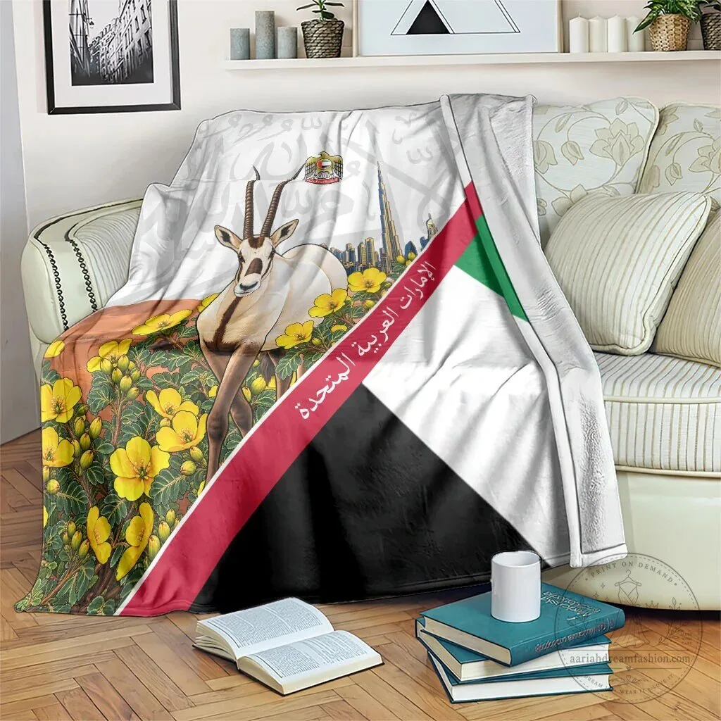 United Arab Emirates National Day Arabian Oryx and Flag Floral Blanket