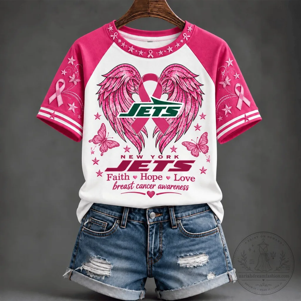 Breast Cancer Awareness T-Shirt with New York Jets Faith, Hope, and Love Design Breast Cancer Awareness T-Shirt with New York Jets Faith, Hope, and Love Design