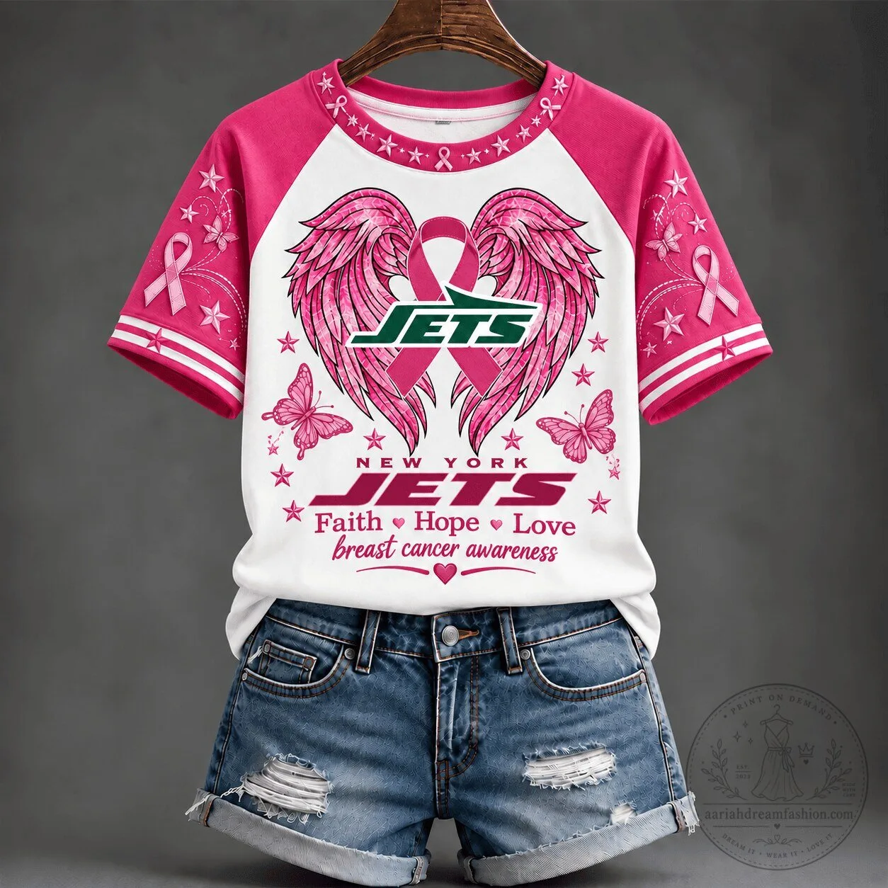Breast Cancer Awareness T-Shirt with New York Jets Faith, Hope, and Love Design