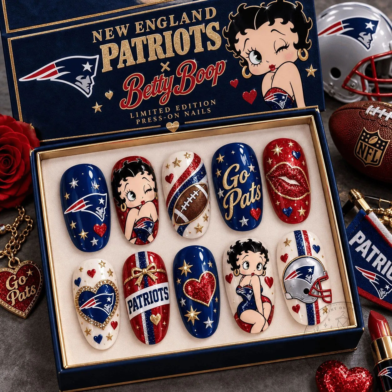 New England Patriots Betty Boop Glamour Press-On Nails Set 1 New England Patriots Betty Boop Glamour Press-On Nails Set