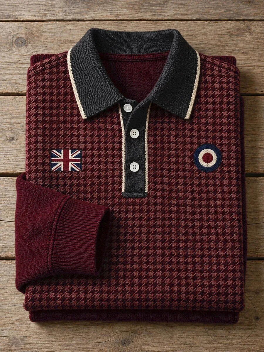 United Kingdom Flag Mod Houndstooth Pattern Casual Long Sleeve Polo Shirt 1 United Kingdom Flag Mod Houndstooth Pattern Casual Long Sleeve Polo Shirt