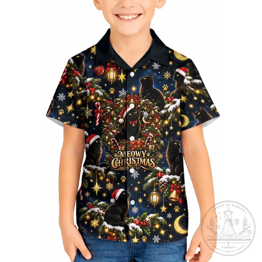 Black Cat Meowy Christmas Kids Hawaiian Shirt Festive Night Tree Snow Stars Holiday Pattern