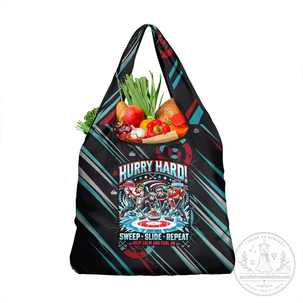 Hurry Hard Curling Sweep Slide Repeat Sports Quote Reusable Grocery Bag