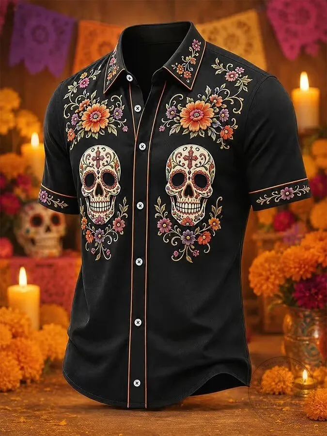 Day of the Dead Floral Sugar Skull Embroidered Short Sleeve Button Up Shirt