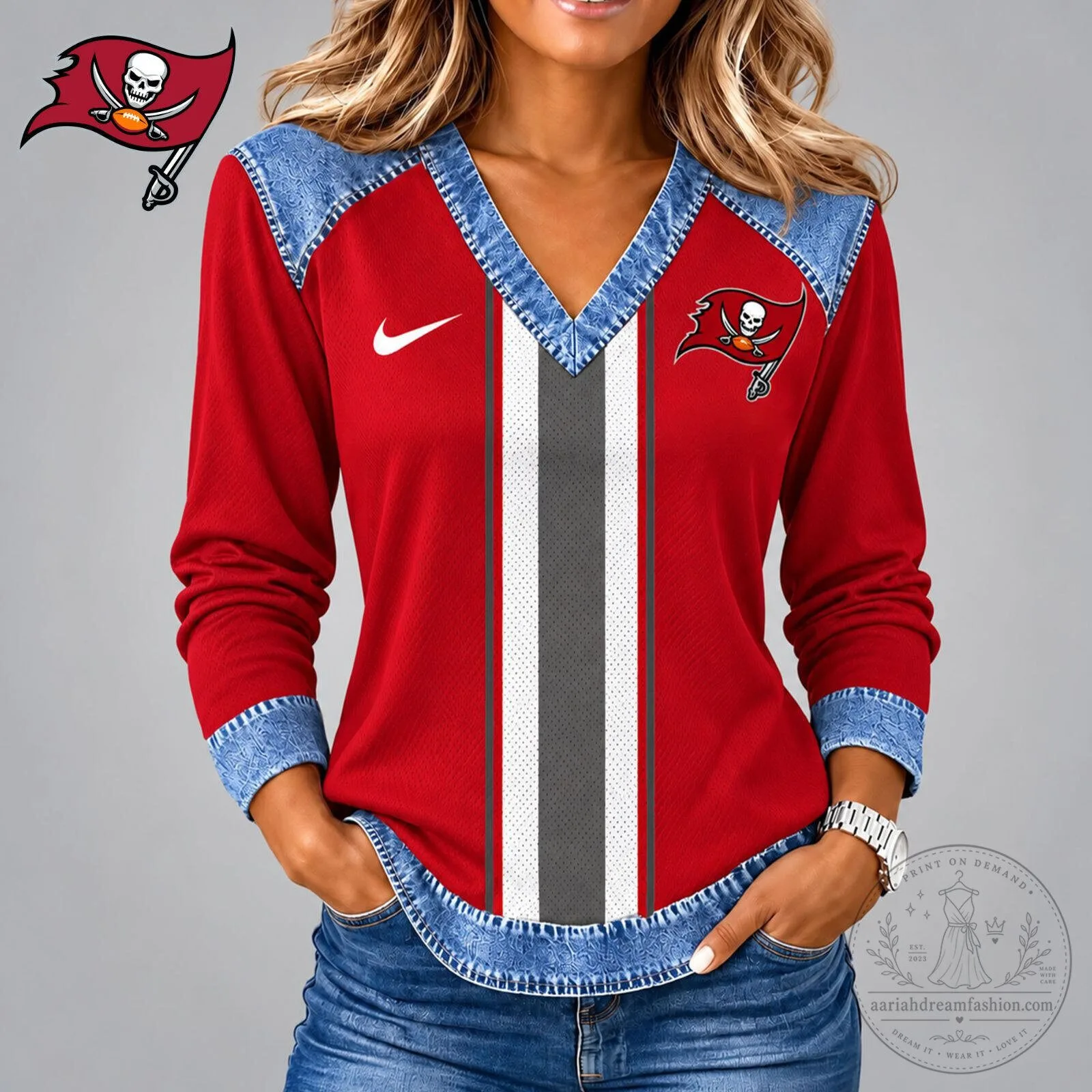 Tampa Bay Buccaneers Women's Vintage Style V-Neck Long Sleeve Shirt