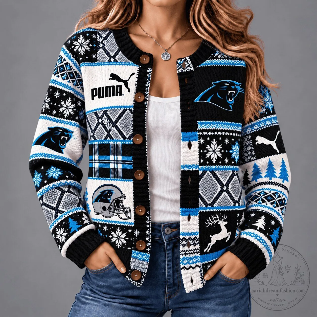 Carolina Panthers Christmas Patchwork Knit Cardigan Sweater