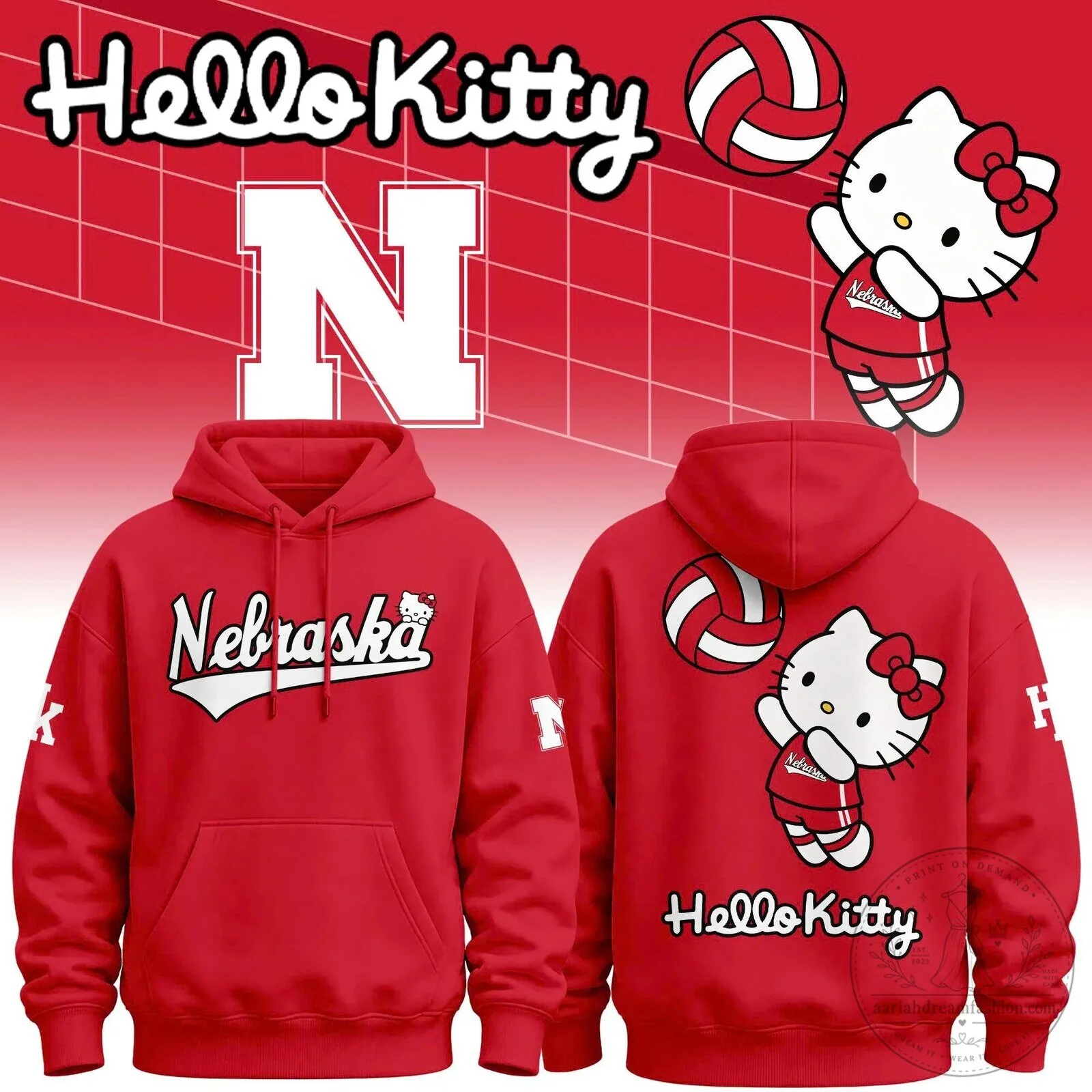 Nebraska Volleyball Hello Kitty Red Graphic Hoodie for Women and Men