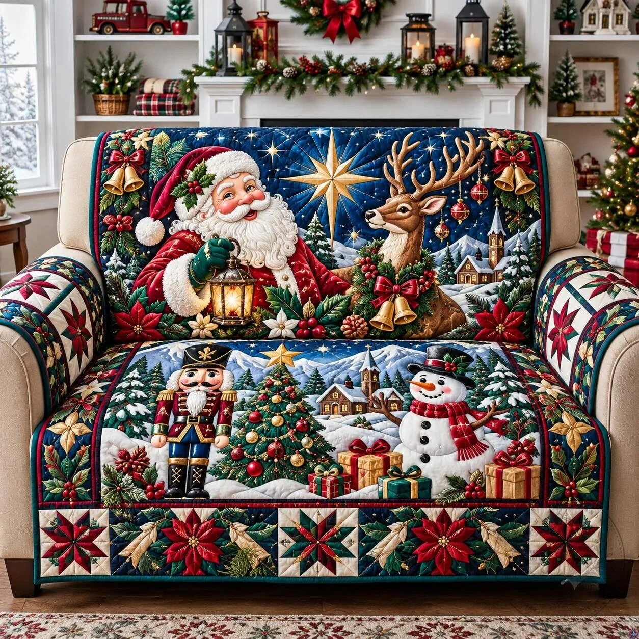 Christmas Santa Claus Reindeer Snowman Nutcracker Winter Holiday Quilted Sofa Cover 9 Christmas Santa Claus Reindeer Snowman Nutcracker Winter Holiday Quilted Sofa Cover