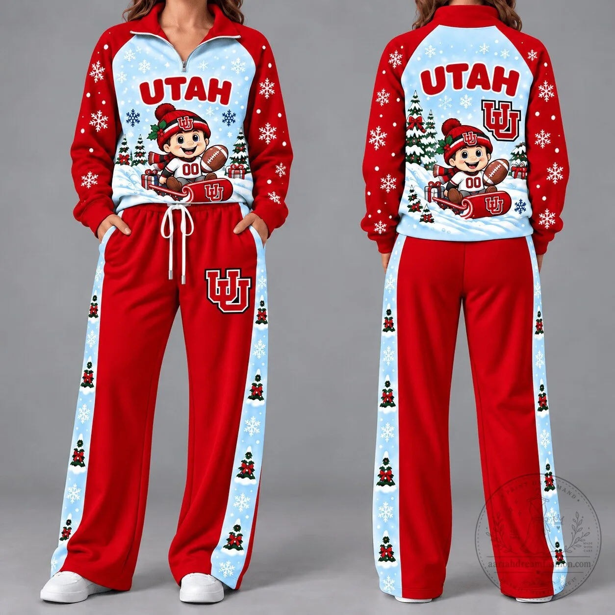 Utah Utes Football Christmas Women's Quarter-Zip Sweatshirt and Pants Set 2 Utah Utes Football Christmas Women's Quarter-Zip Sweatshirt and Pants Set