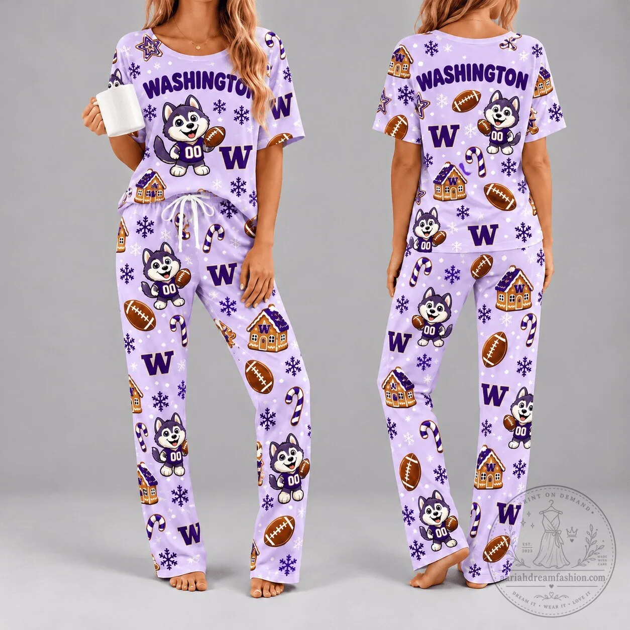 Washington Huskies Christmas Cartoon Mascot Women's Pajamas Set