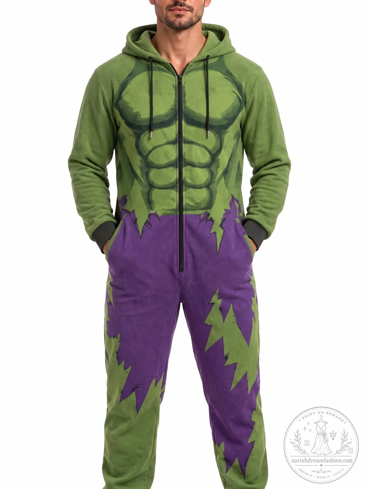Incredible Hulk Muscle Costume Hooded Jumpsuit Onesie for Adults