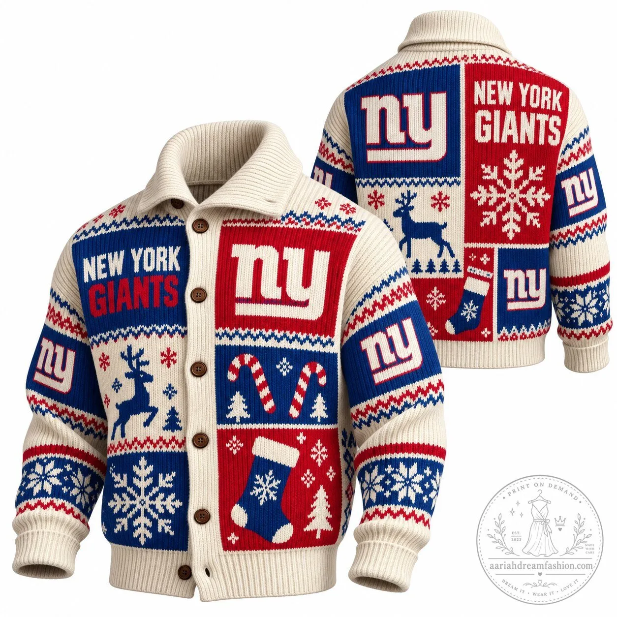 Knit Cardigan Ugly Sweater for the New York Giants Holiday Christmas Celebration