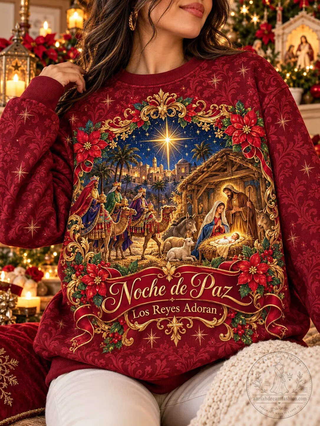 Noche de Paz Los Reyes Adoran Nativity Scene Christmas Red Sweatshirt