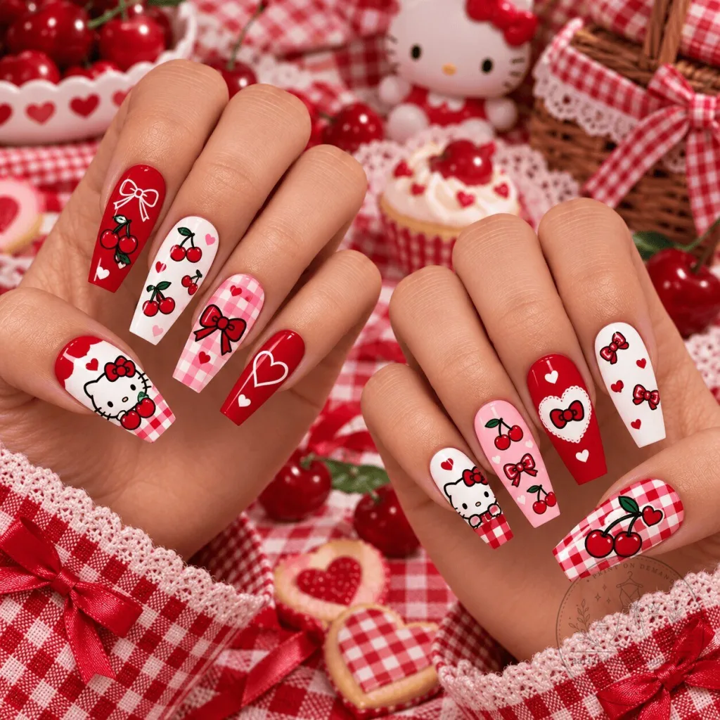 Hello Kitty Sweet Cherry Picnic Red Gingham Press-On Nails Set Hello Kitty Sweet Cherry Picnic Red Gingham Press-On Nails Set