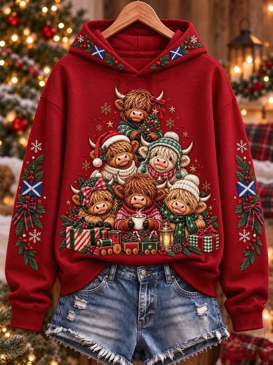 Scottish Highland Cow Christmas Tree Holiday Red Hoodie