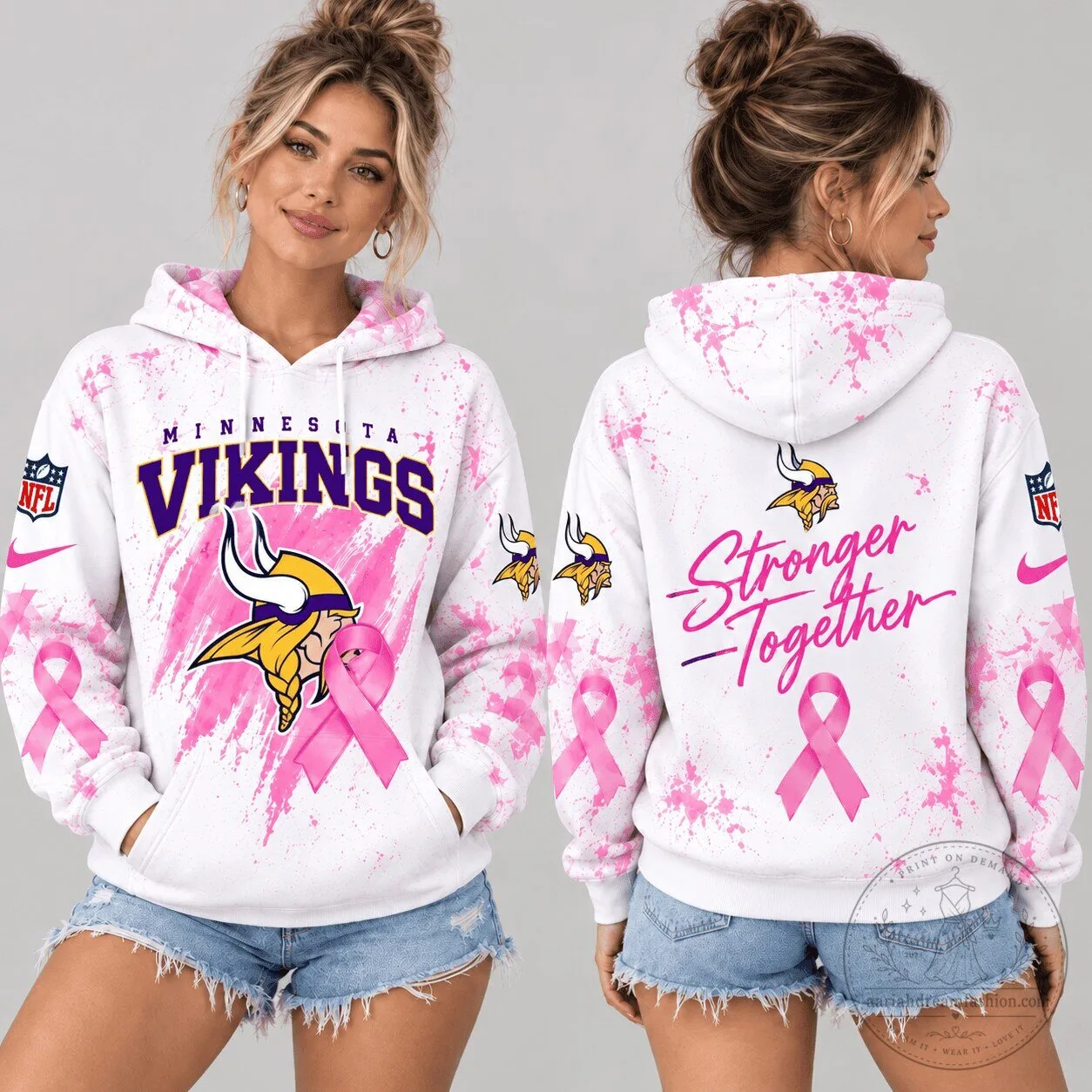 Minnesota Vikings NFL Breast Cancer Awareness Pink Ribbon Stronger Together Hoodie