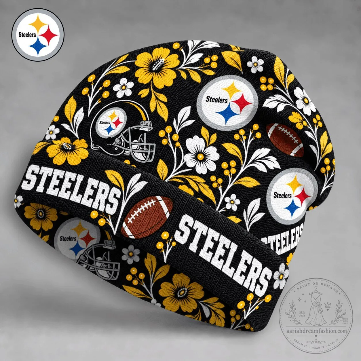 Pittsburgh Steelers Floral Pattern Football Team Logo Black Beanie Hat