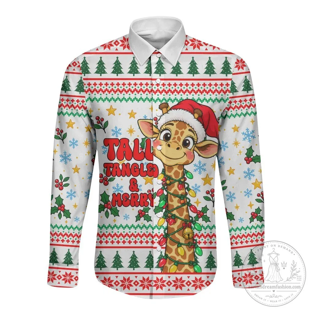 Christmas Giraffe Tall Tangle and Merry Holiday Long-Sleeve Button Shirt