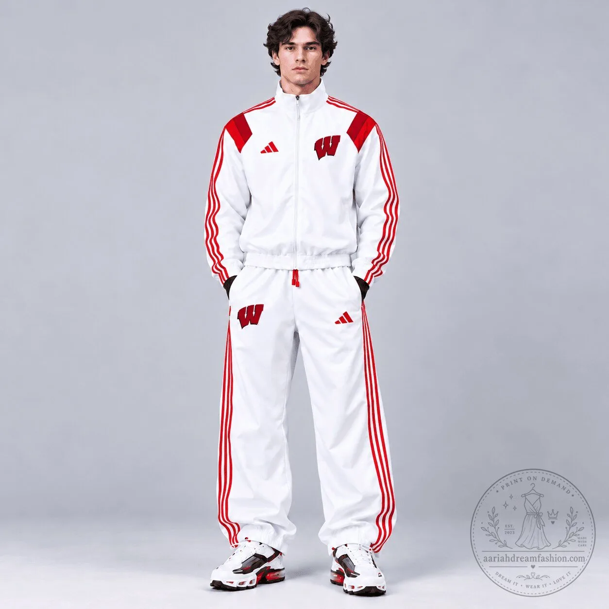 Wisconsin Badgers NCAA White and Red Striped Tracksuit Jacket