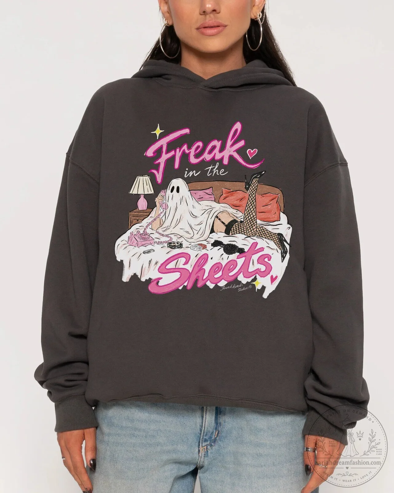 Freak in the Sheets Ghostly Figure on Bed Halloween Funny Hoodie