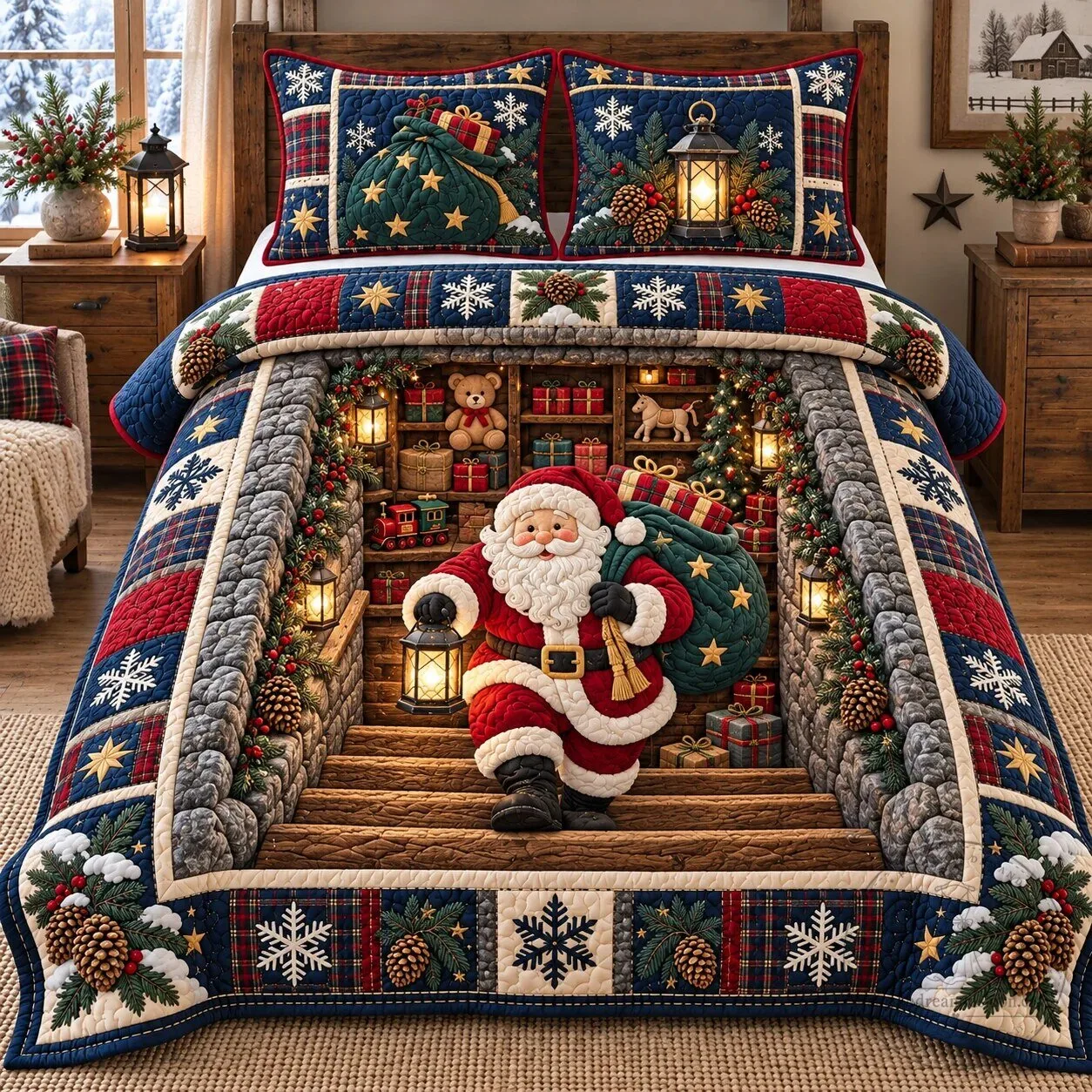 Christmas Santa Claus Descending Staircase Holiday Quilted Bedding Set