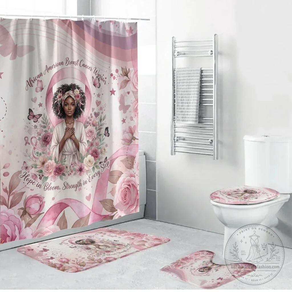 African American Breast Cancer Warrior Pink Ribbon Bathroom Shower Curtain Set