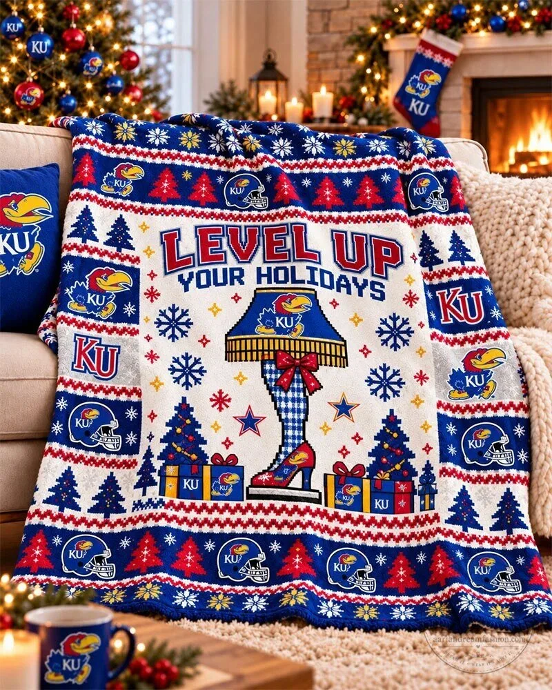 Kansas Jayhawks Christmas Level Up Your Holidays Festive Flannel Blanket