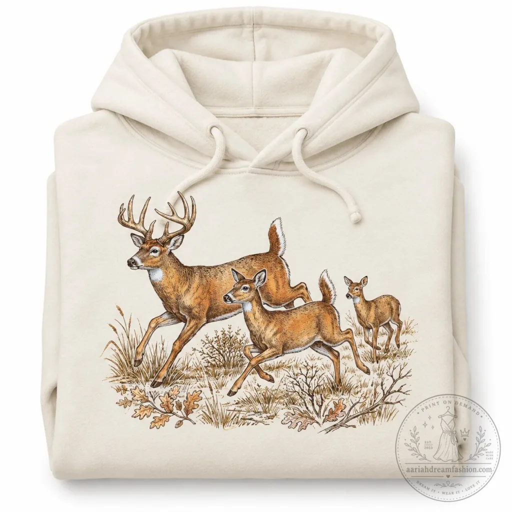 Vintage Buck Doe Fawn Deer Family Running Through Forest Hoodie Vintage Buck Doe Fawn Deer Family Running Through Forest Hoodie