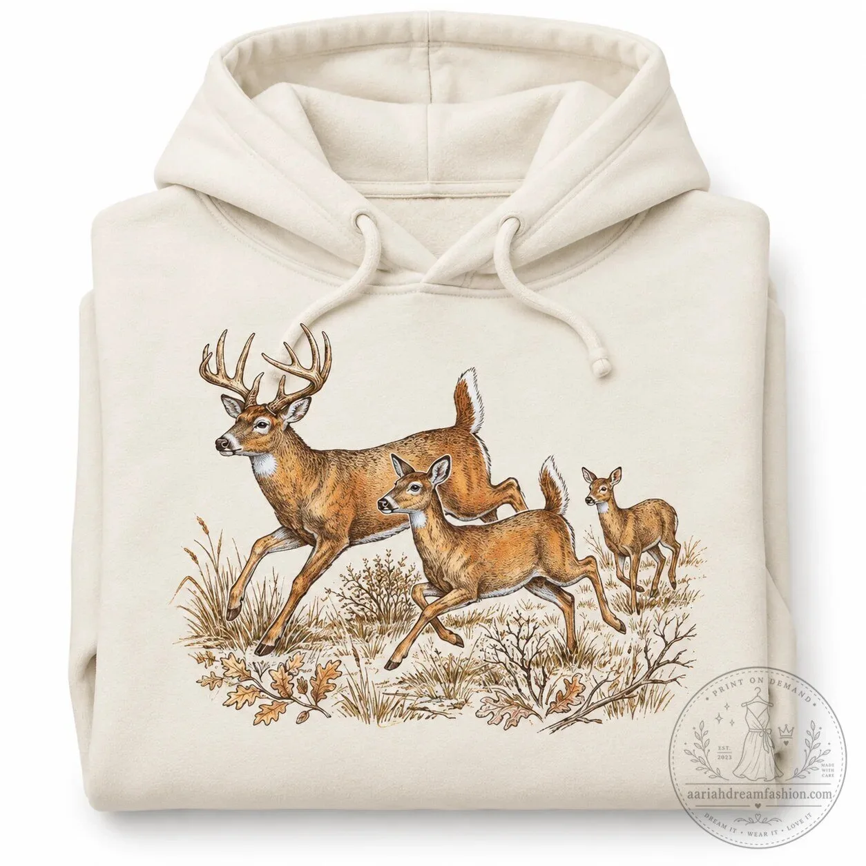 Vintage Buck Doe Fawn Deer Family Running Through Forest Hoodie