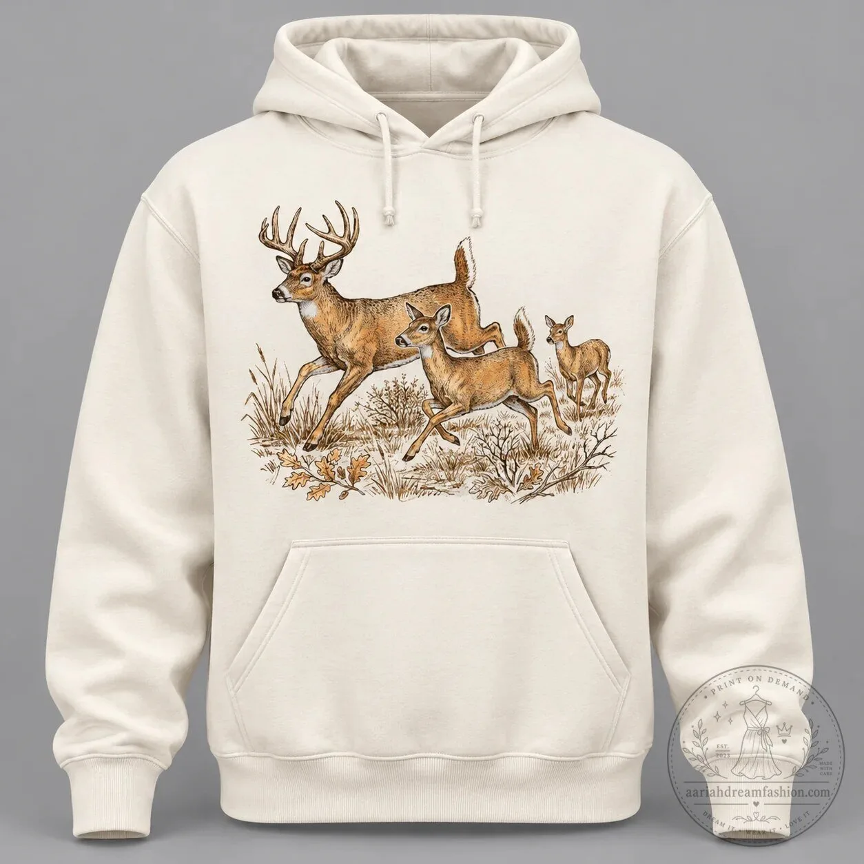 Vintage Buck Doe Fawn Deer Family Running Through Forest Hoodie 10 Vintage Buck Doe Fawn Deer Family Running Through Forest Hoodie