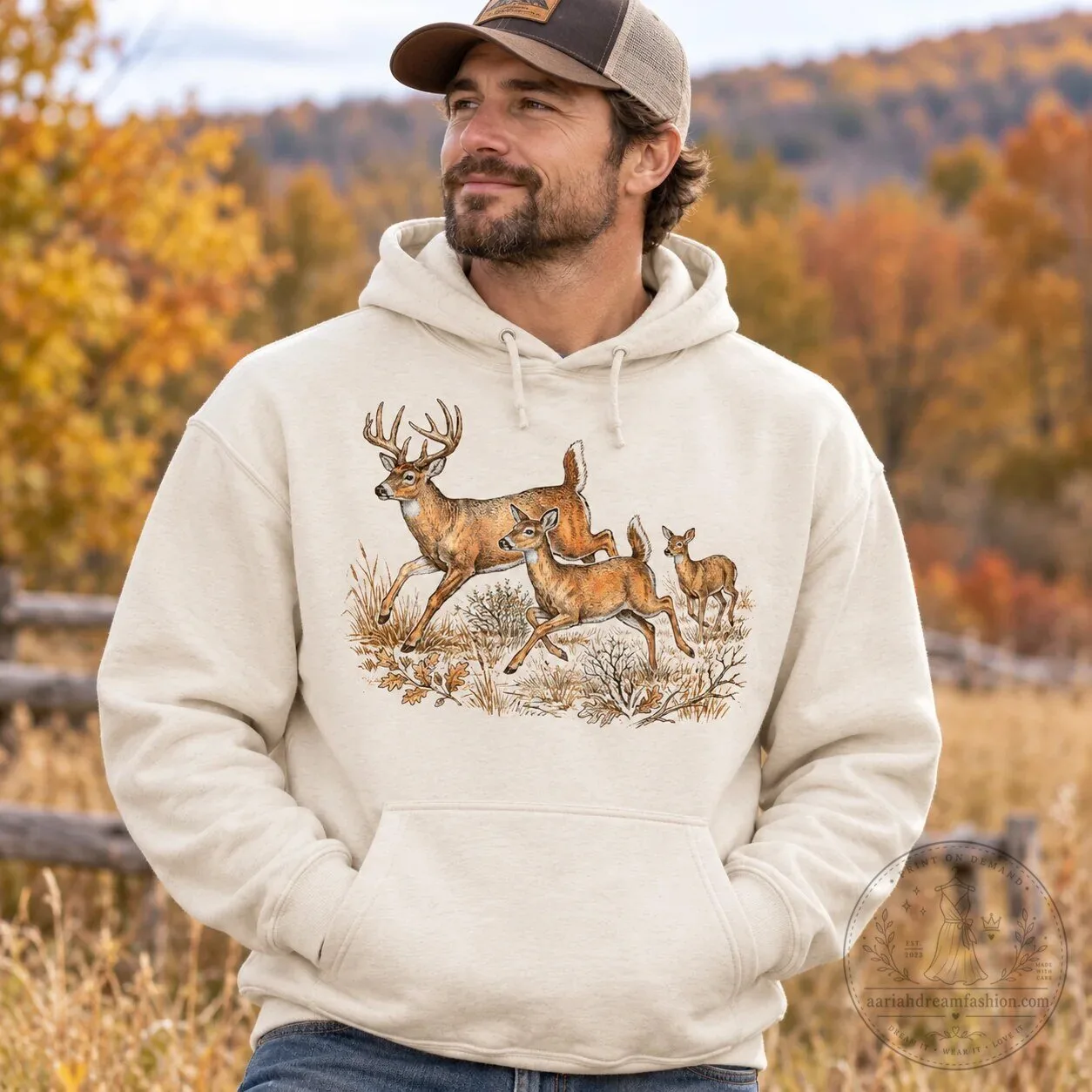 Vintage Buck Doe Fawn Deer Family Running Through Forest Hoodie 12 Vintage Buck Doe Fawn Deer Family Running Through Forest Hoodie