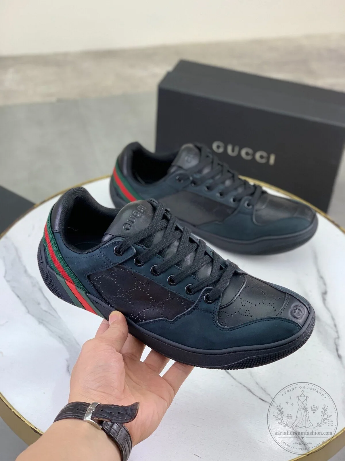 Gucci Black Leather Low Top Sneakers with Signature Web Stripe Detail 9 Gucci Black Leather Low Top Sneakers with Signature Web Stripe Detail