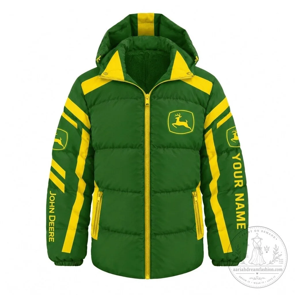 John Deere Tractor Custom Name Green and Yellow Puffer Jacket