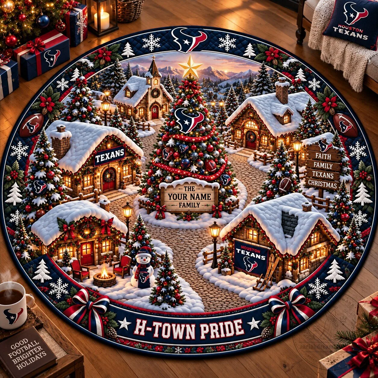 Houston Texans NFL Personalized Christmas Village Round Rug
