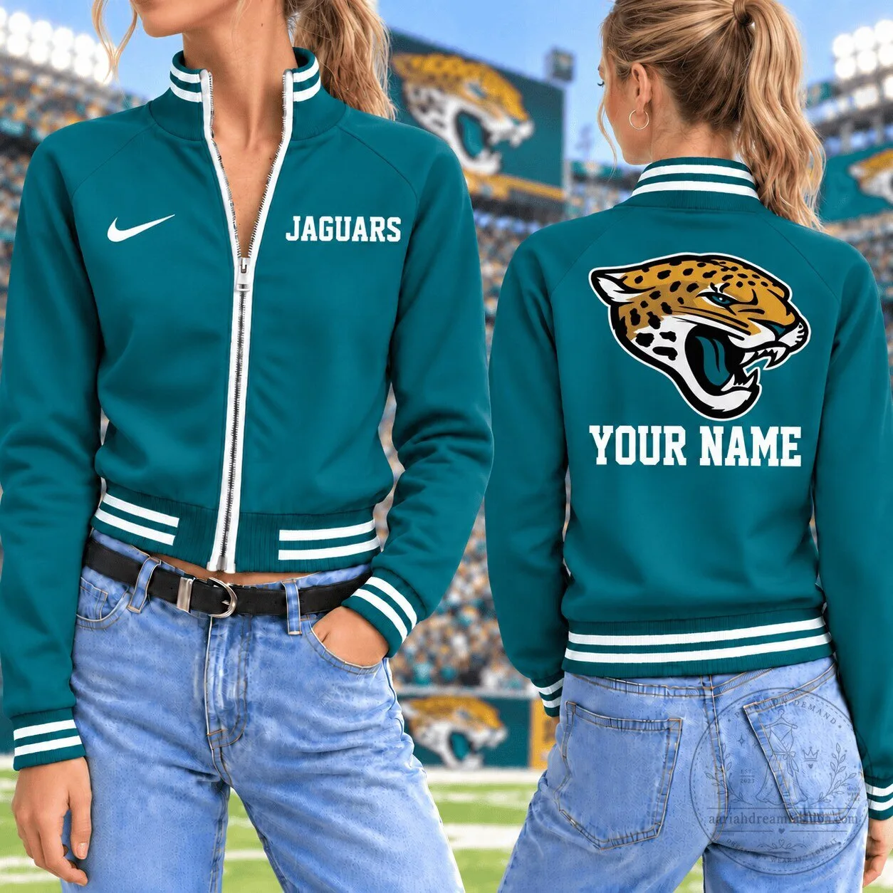 Jacksonville Jaguars NFL Custom Name Teal and White Bomber Jacket