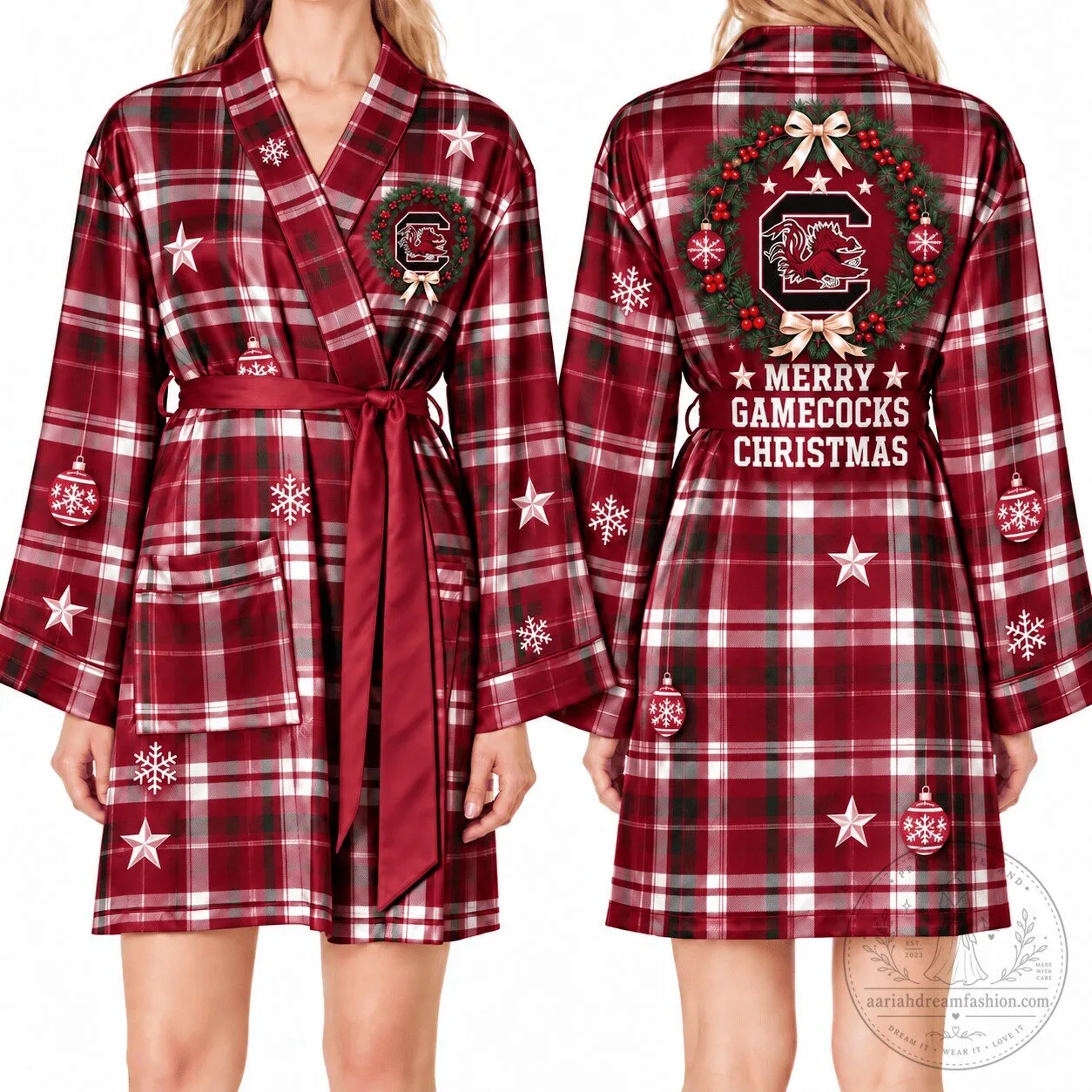 South Carolina Gamecocks Christmas Plaid Satin Holiday Robe for Women