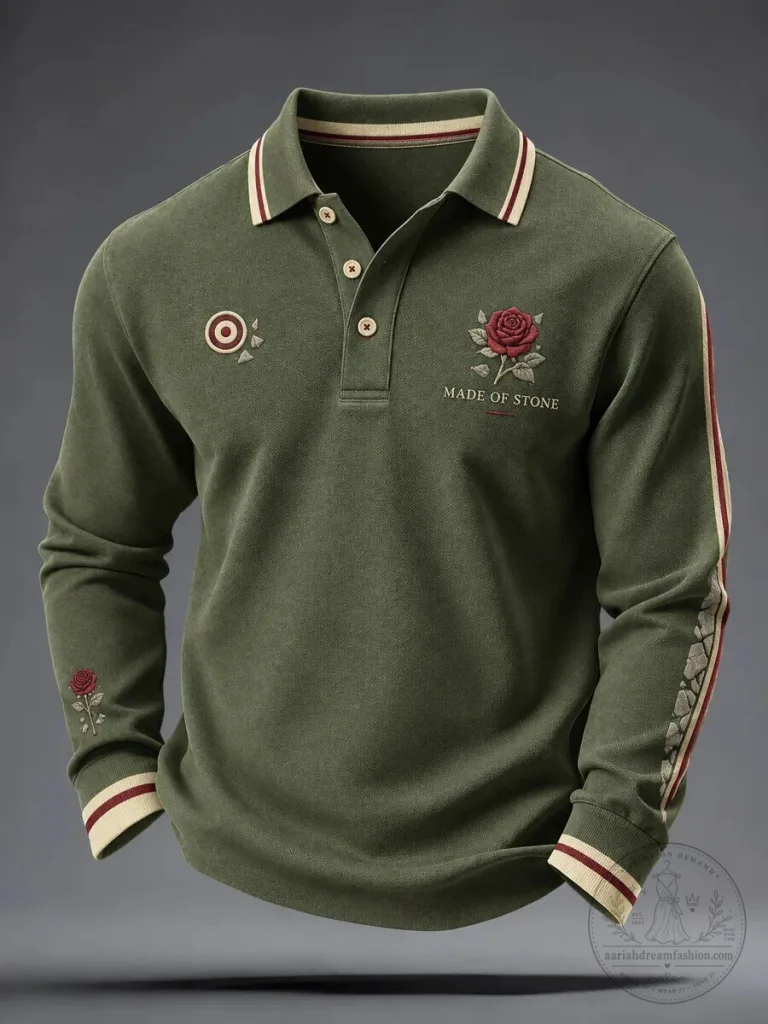 Made of Stone Rose Emblem Long Sleeve Polo Shirt for Men