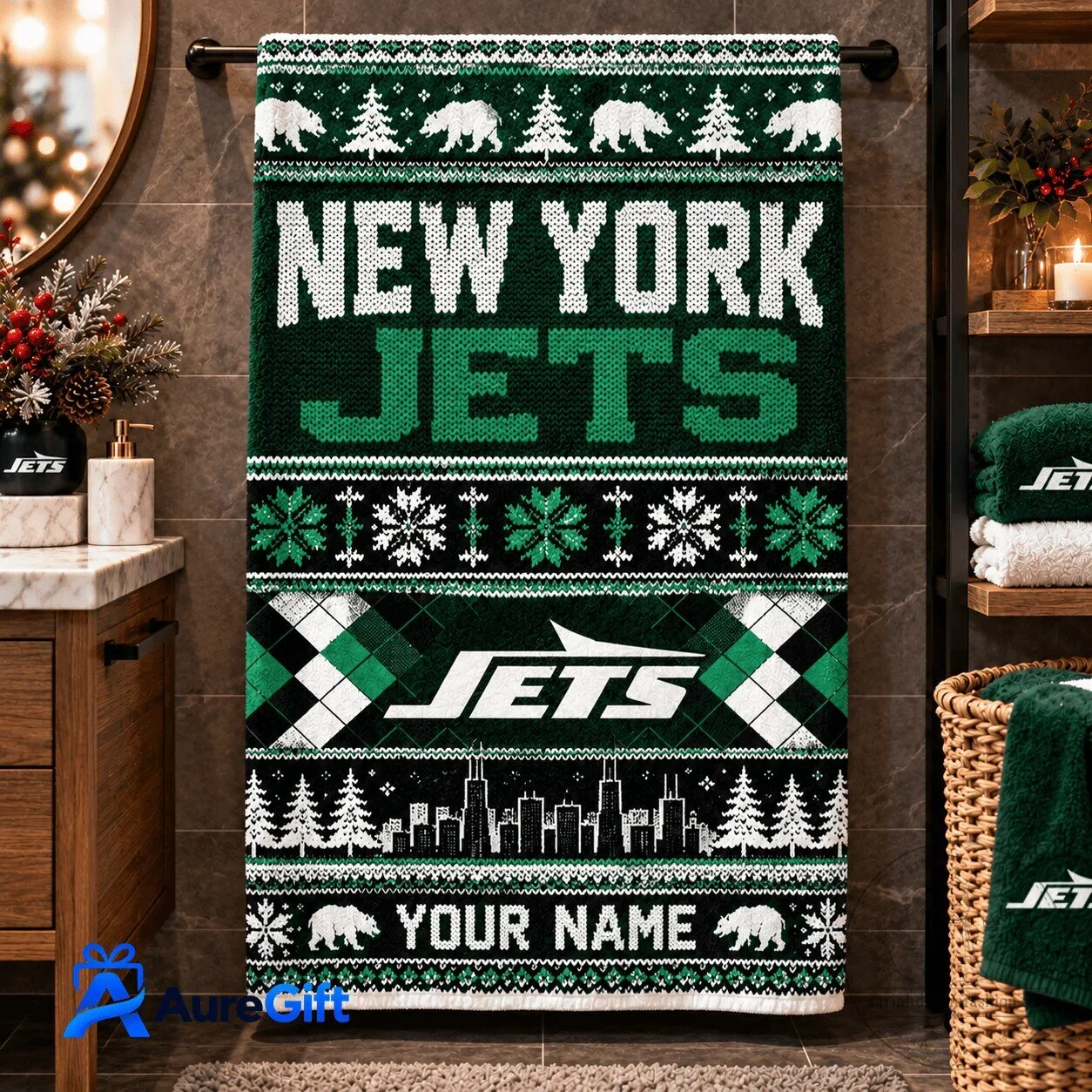 New York Jets Personalized Christmas Ugly Sweater Pattern Bath Towel