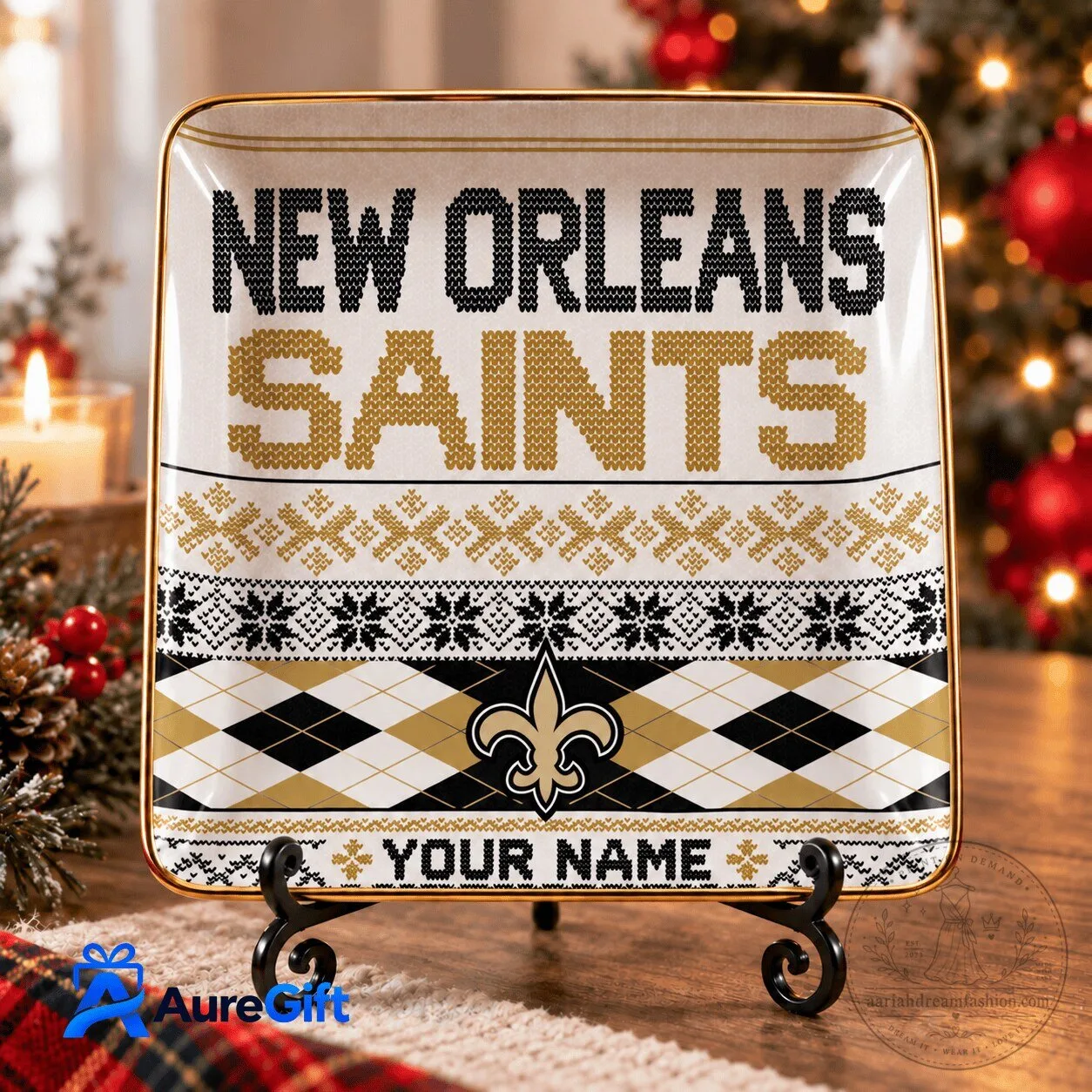 New Orleans Saints Christmas Personalized Name Jewelry Dish Gift