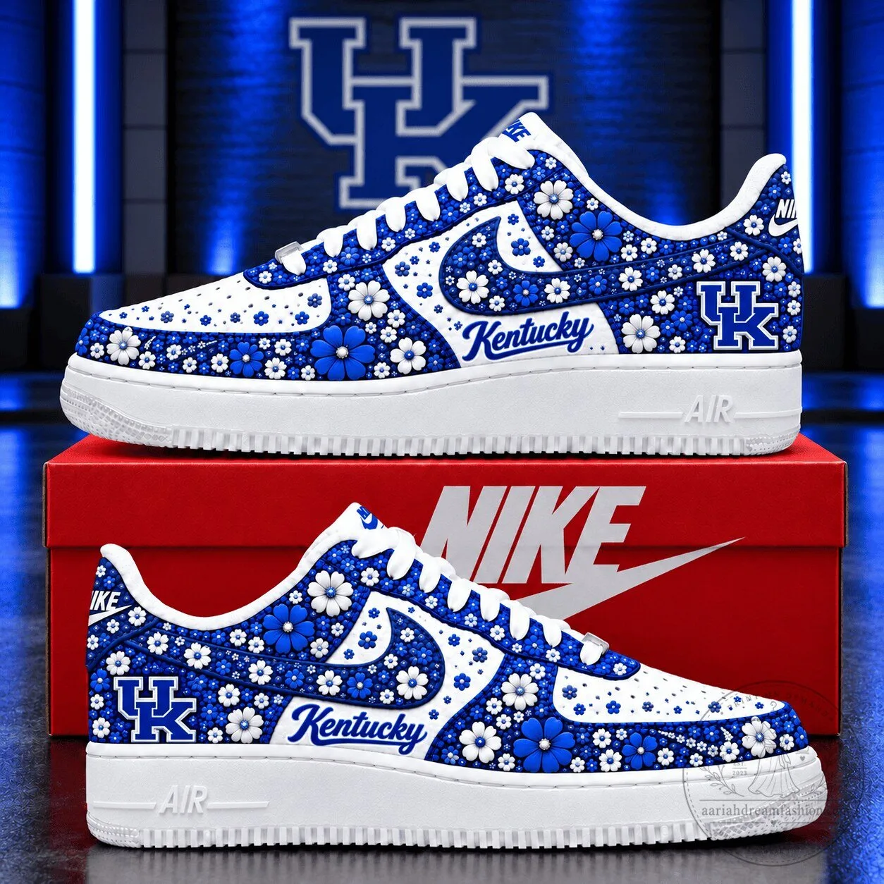 Kentucky Wildcats Floral Pattern White and Blue Custom Designed Shoes