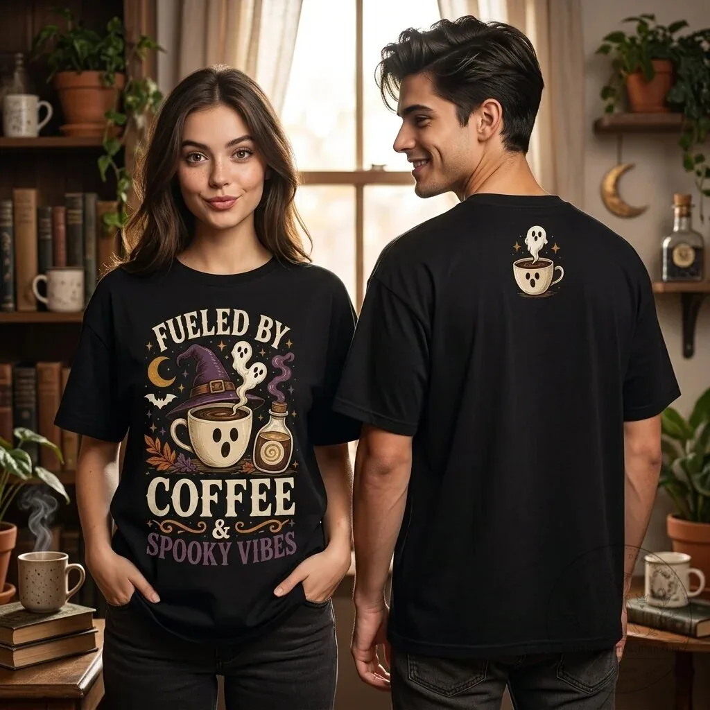 Fueled By Coffee And Spooky Vibes Halloween Witchy Ghost T-Shirt