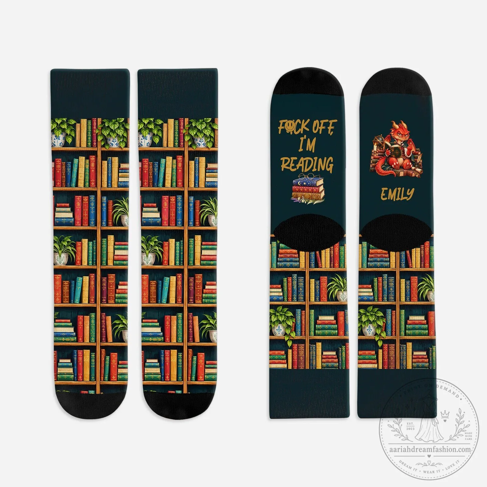 Funny Dragon Reading Bookshelf Socks
