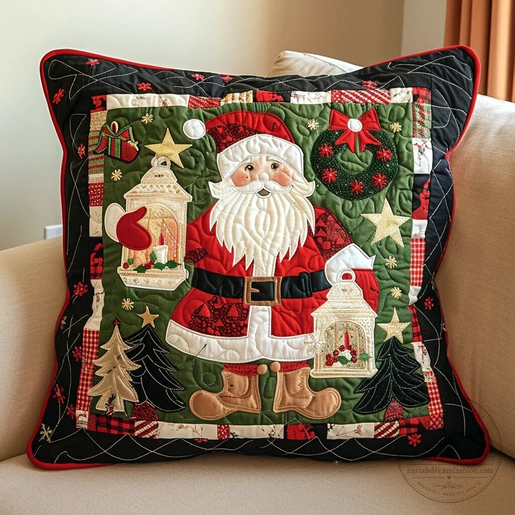 Starlit Santa Claus Quilted Christmas Holiday Decorative Pillow