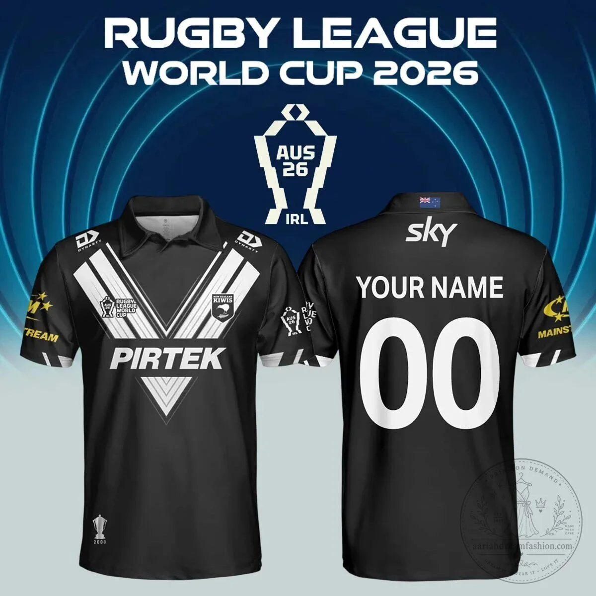 New Zealand Rugby League World Cup 2026 Black Polo Shirt Custom Name and Number 5 New Zealand Rugby League World Cup 2026 Black Polo Shirt Custom Name and Number