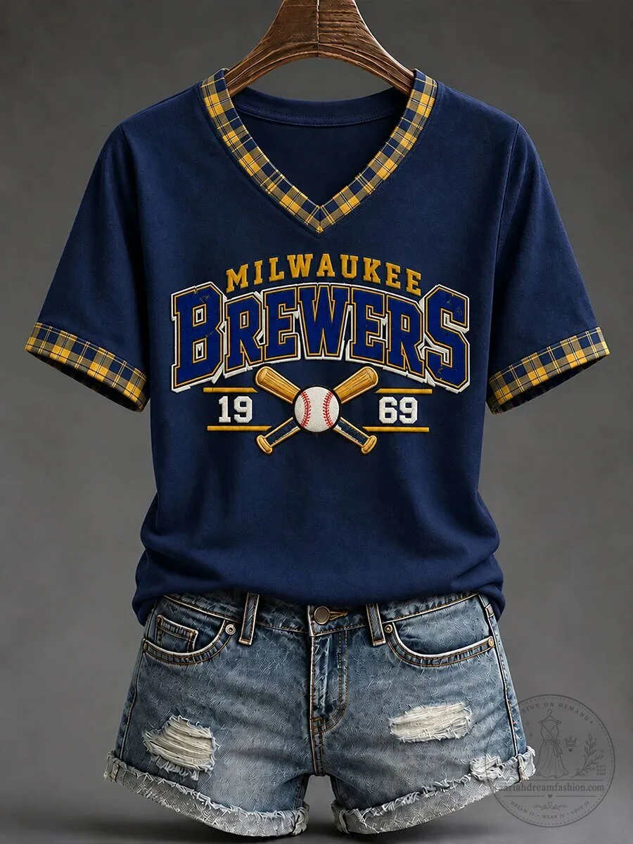 Women's Short Sleeve V-Neck T-Shirt featuring Milwaukee Brewers Baseball Team Logo