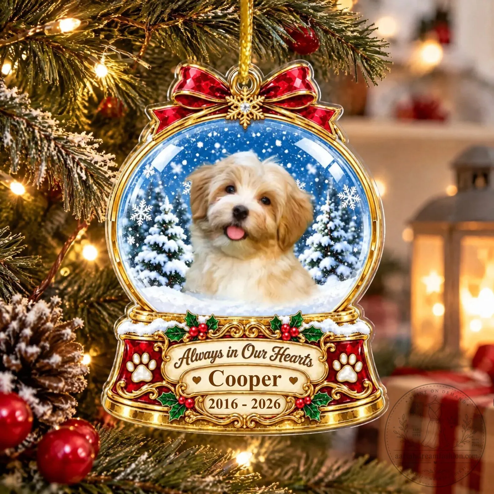 Personalized Pet Memorial Snow Globe Christmas Ornament - Always in Our Hearts