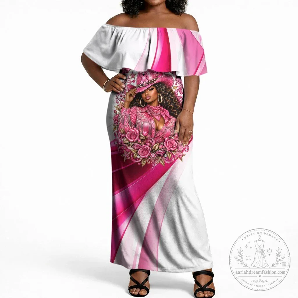 Western Wear Cowgirl Breast Cancer Awareness Pink Ribbon Off Shoulder Maxi Dress